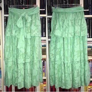 Mille Tiered Embroidered Green Tie Waist Skirt